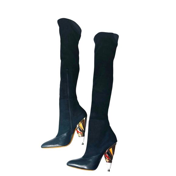 Givenchy Black Leather Suede OTK Boots 38.5 Over The Knee Printed Heel - Picture 1 of 15